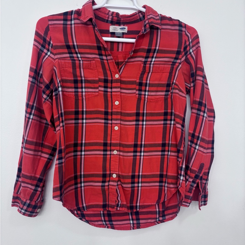 Old Navy Orange and Navy Blue Classic Button Down Flannel Size Medium